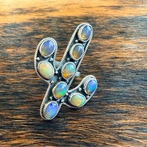 Ethiopian Opal Sterling Silver Cactus Ring | Closed Back | Adjustable Size